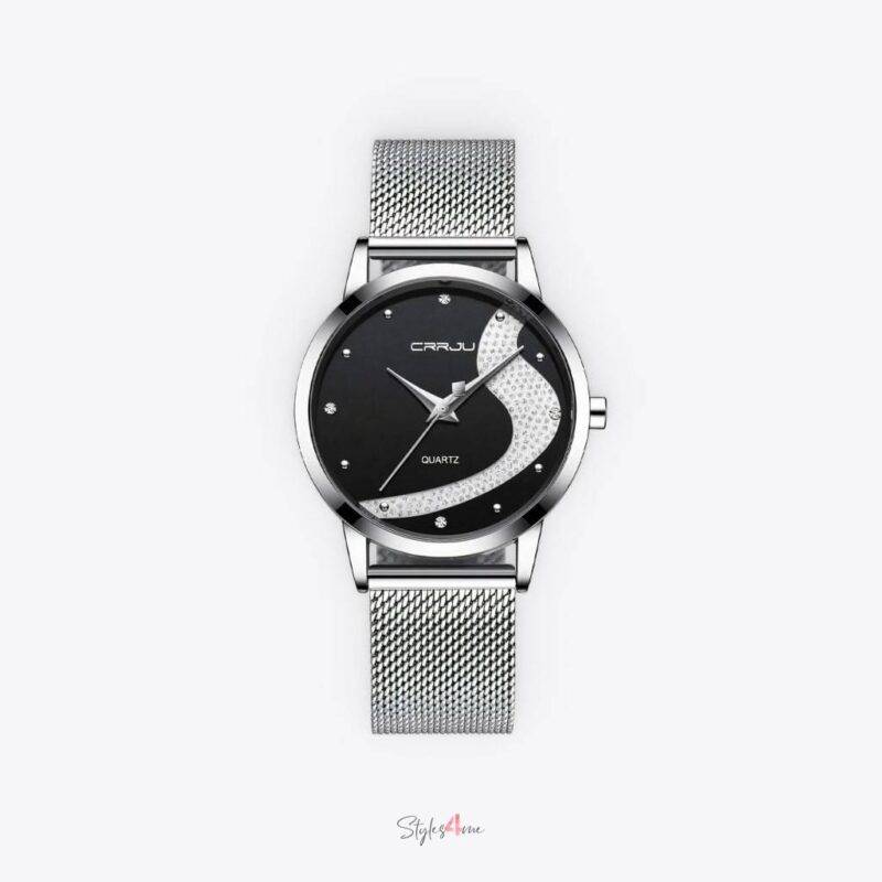 Silver & Black Diamond Quartz Watch Watches